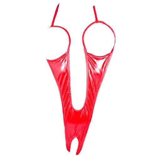 Una Pieza Erótica Bodies Profundo V Picardías Charol con Pecho Desnudo y Entrepierna Abierta Sexy Bodysuit (Rojo)