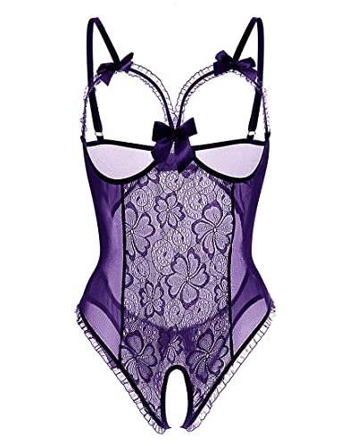 Vancavoo Lencería para Mujer Sexy Conjunto de Ropa Interior Sexy de Una Pieza Dormir Bodysuit Hueco sin Entrepierna Encaje Lencería(Purple,S)