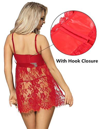 ohyeahlady Camisón Mujer de Talla Grande Encaje Pijama Babydoll Transparente Conjunto de Lencería Encaje para Gordita (Rojo, 5XL-6XL)